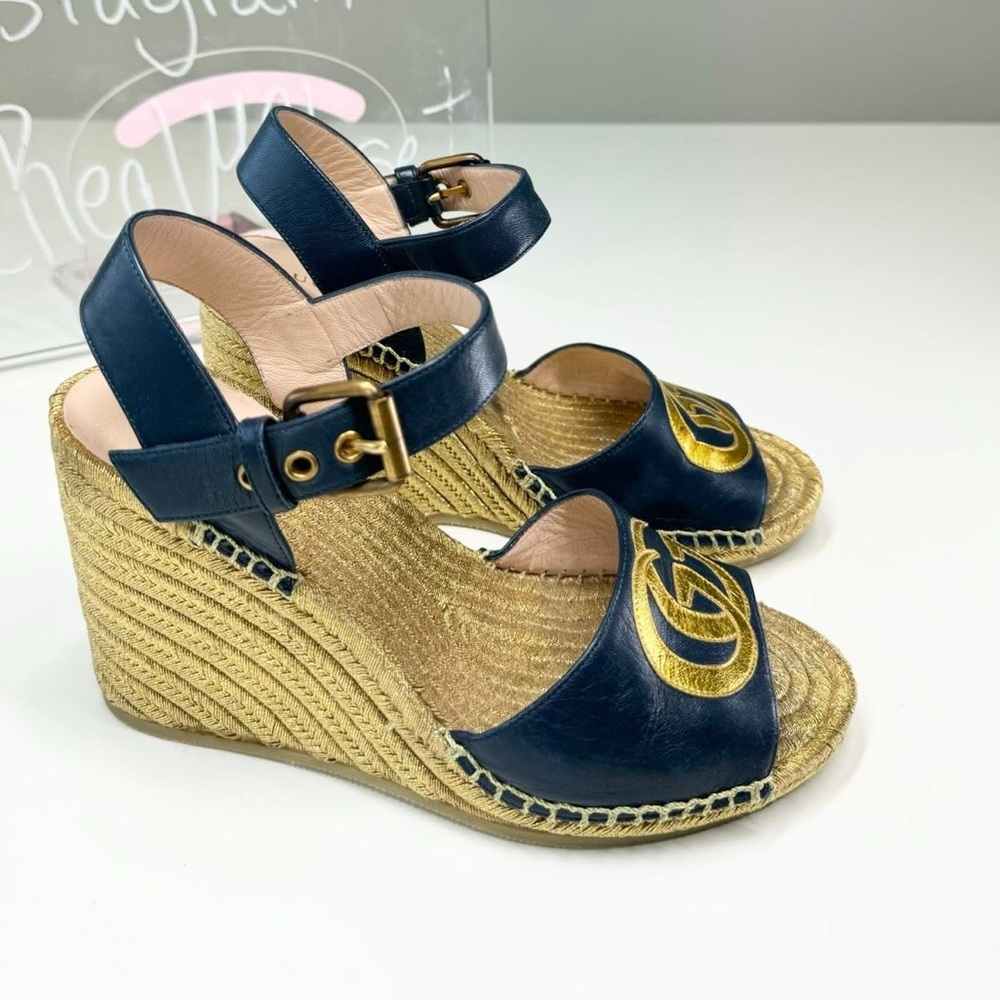 Gucci Navy and Gold Espadrille Wedges - Picture 3 of 11